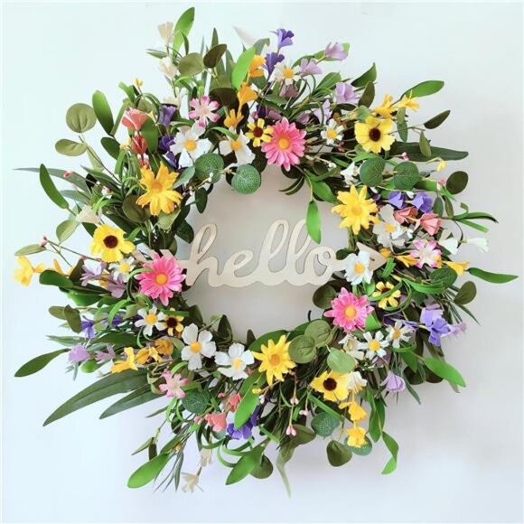 Spring Wreaths for Front Door, 22 Inch Eucalyptus Wreath with Hello Sign - Picture 1 of 7
